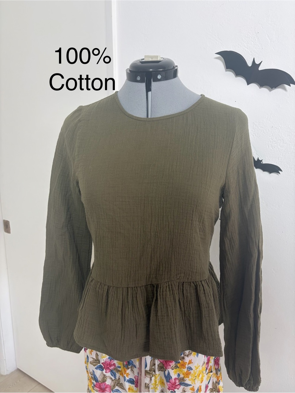 Copper Key Olive Green Cotton Gauze Peplum Top Size XS